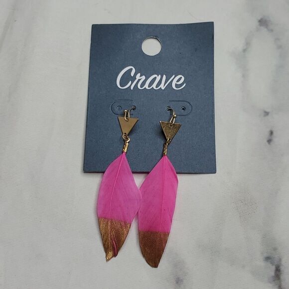 Jewelry - Gold Dipped Pink Feather Earrings